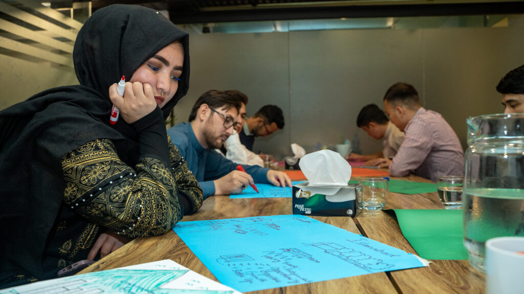 A group of students working