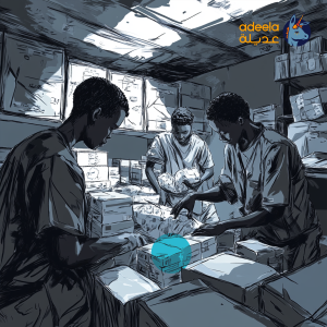 Black, white and blue illustration of three men in an Emergency Response Room, Sudan, with the Adeela logo in the upper-right corner.