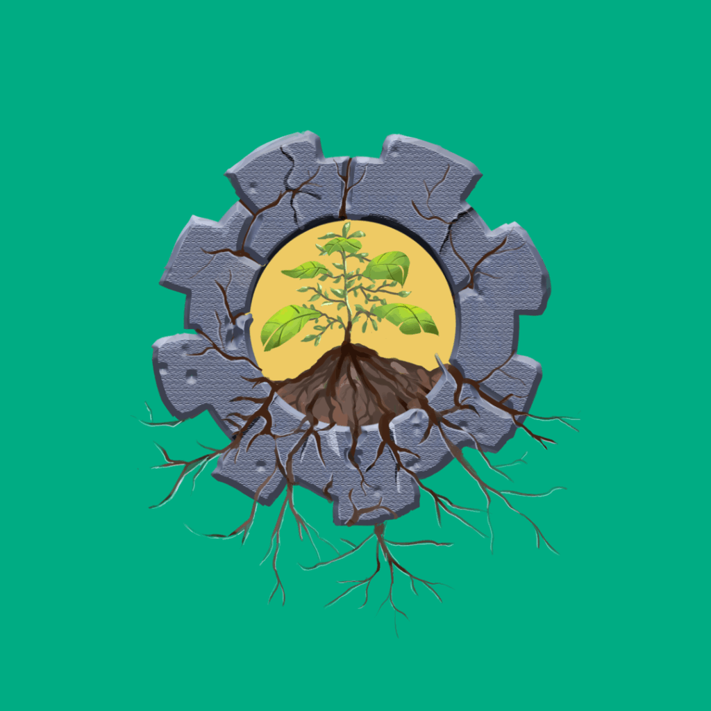 A seedling inside a cog from a machine, the roots of the seed are breaking through the cog.