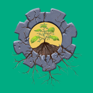 A seedling inside a cog from a machine, the roots of the seed are breaking through the cog.